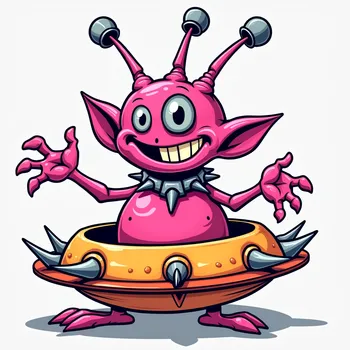 Cheerful Pink Alien in Spiky Spaceship