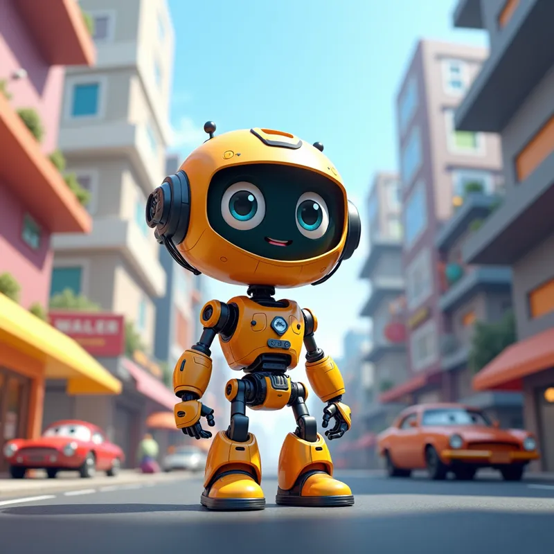 Cheerful Robot in Futuristic City - A 3D Pixar-style image of a cheerful little robot with big, expressive eyes, standing in a colorful, futuristic cityscape with flying cars and towering buildings. The scene is vibrant and full of life, with other animated characters going about their day. - AI image generated with Photorealistic 2