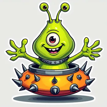 Cheerful Spiky Alien in Spaceship