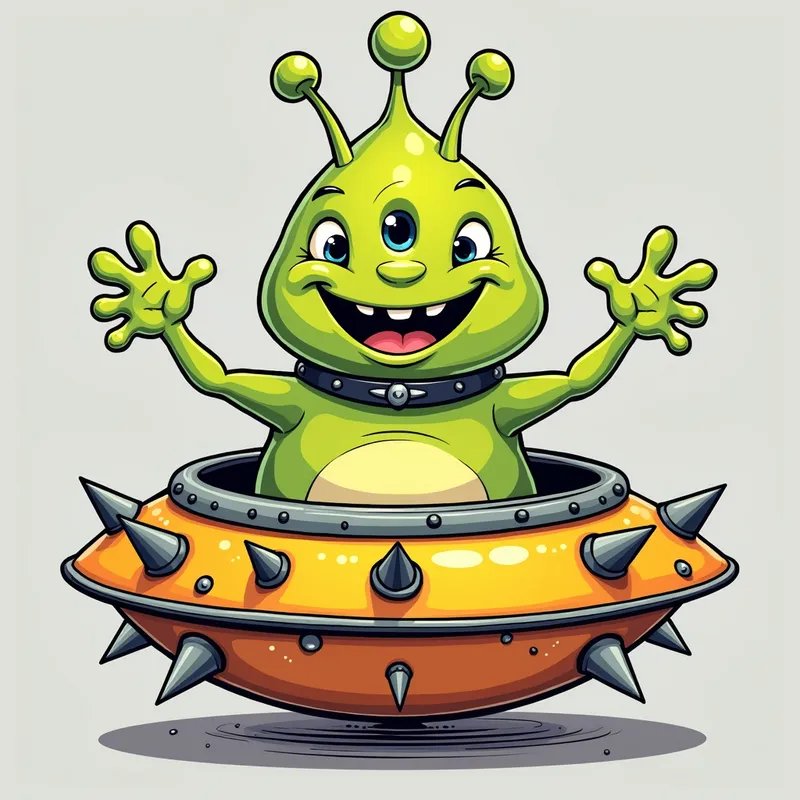 Cheerful Spiky Alien in Spaceship - /imagine prompt:Detailed line art illustration A cartoonish, bright green alien creature, positioned centrally in the image. The creature has a bulbous, teardrop shape body, and one large, expressive eye in the middle of its forehead Three oddly shaped fleshy appendages stick straight out from the top of its headi. It is wearing a gothic collar with enormous metal spikes sticking out of it. The creature has a cheerful, grinning expression, with visible, cartoonish teeth.  Its arms, also brightly coloured, are outstretched in a welcoming gesture. The creature is sitting in a brightly coloured spaceship with metal spikes sticking out from the sides. The background is a plain, light gray. The style is vibrant, playful, and exaggerated, with bold outlines and bright colors. The lighting is even, casting no significant shadows. The creature's pose is friendly and inviting. The overall impression is of a friendly, cartoon alien character. - AI image generated with Photorealistic 2