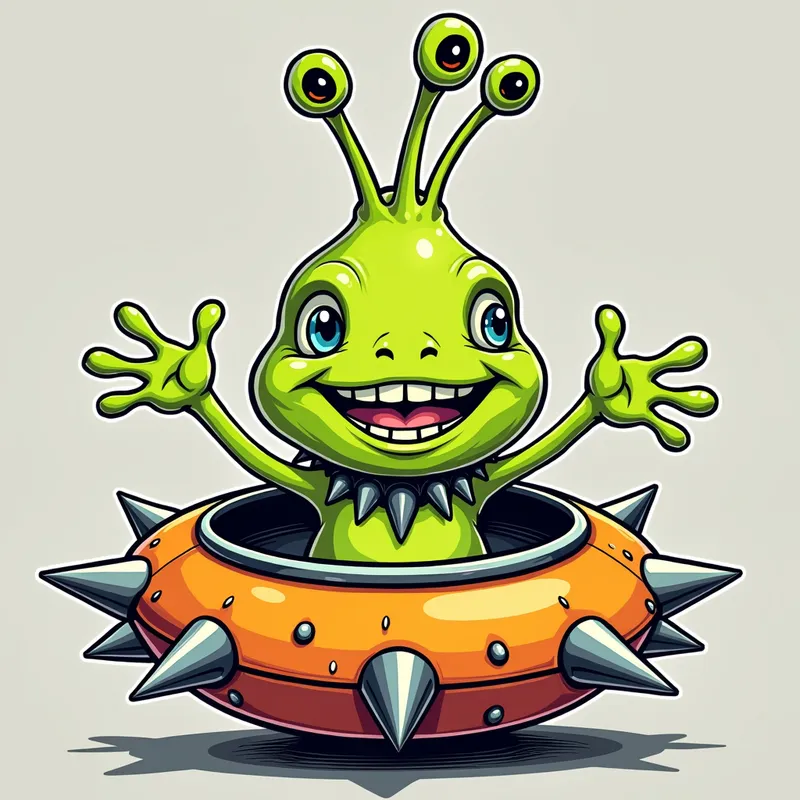 Cheerful Spiky Alien in Spaceship - /imagine prompt:Detailed line art illustration A cartoonish, bright green alien creature, positioned centrally in the image. The creature has a bulbous, teardrop shape body, and one large, expressive eye in the middle of its forehead Three oddly shaped fleshy appendages stick straight out from the top of its headi. It is wearing a gothic collar with enormous metal spikes sticking out of it. The creature has a cheerful, grinning expression, with visible, cartoonish teeth.  Its arms, also brightly coloured, are outstretched in a welcoming gesture. The creature is sitting in a brightly coloured spaceship with metal spikes sticking out from the sides. The background is a plain, light gray. The style is vibrant, playful, and exaggerated, with bold outlines and bright colors. The lighting is even, casting no significant shadows. The creature's pose is friendly and inviting. The overall impression is of a friendly, cartoon alien character. - AI image generated with Photorealistic 2