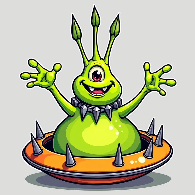 Cheerful Spiky Alien in Spaceship - /imagine prompt:Detailed line art illustration A cartoonish, bright green alien creature, positioned centrally in the image. The creature has a bulbous, teardrop shape body, and one large, expressive eye in the middle of its forehead Three oddly shaped fleshy appendages stick straight out from the top of its headi. It is wearing a gothic collar with enormous metal spikes sticking out of it. The creature has a cheerful, grinning expression, with visible, cartoonish teeth.  Its arms, also brightly coloured, are outstretched in a welcoming gesture. The creature is sitting in a brightly coloured spaceship with metal spikes sticking out from the sides. The background is a plain, light gray. The style is vibrant, playful, and exaggerated, with bold outlines and bright colors. The lighting is even, casting no significant shadows. The creature's pose is friendly and inviting. The overall impression is of a friendly, cartoon alien character. - AI image generated with Photorealistic 2