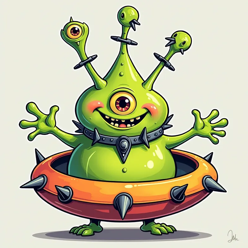 Cheerful Spiky Alien in Spaceship - /imagine prompt:Detailed line art illustration A cartoonish, bright green alien creature, positioned centrally in the image. The creature has a bulbous, teardrop shape body, and one large, expressive eye in the middle of its forehead Three oddly shaped fleshy appendages stick straight out from the top of its headi. It is wearing a gothic collar with enormous metal spikes sticking out of it. The creature has a cheerful, grinning expression, with visible, cartoonish teeth.  Its arms, also brightly coloured, are outstretched in a welcoming gesture. The creature is sitting in a brightly coloured spaceship with metal spikes sticking out from the sides. The background is a plain, light gray. The style is vibrant, playful, and exaggerated, with bold outlines and bright colors. The lighting is even, casting no significant shadows. The creature's pose is friendly and inviting. The overall impression is of a friendly, cartoon alien character. - AI image generated with Photorealistic 2