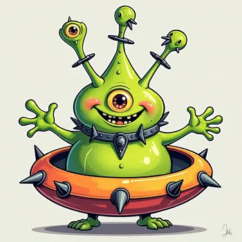 Cheerful Spiky Alien in Spaceship
