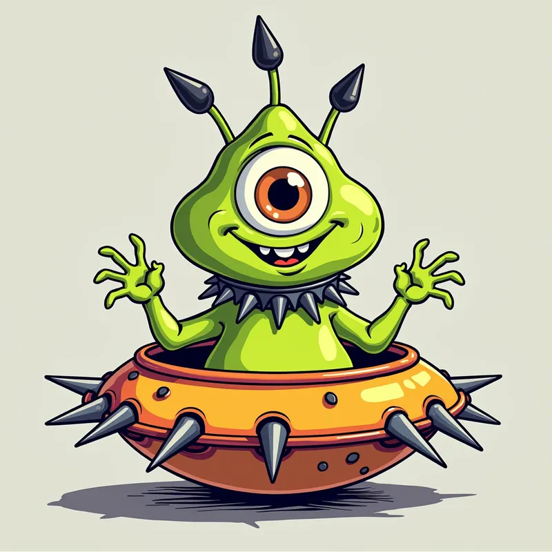 Cheerful Spiky Alien in Spaceship - /imagine prompt:Detailed line art illustration A cartoonish, bright green alien creature, positioned centrally in the image. The creature has a bulbous, teardrop shape body, and one large, expressive eye in the middle of its forehead Three oddly shaped fleshy appendages stick straight out from the top of its headi. It is wearing a gothic collar with enormous metal spikes sticking out of it. The creature has a cheerful, grinning expression, with visible, cartoonish teeth. Its arms, also brightly coloured, are outstretched in a welcoming gesture. The creature is sitting in a brightly coloured spaceship with metal spikes sticking out from the sides. The background is a plain, light gray. The style is vibrant, playful, and exaggerated, with bold outlines and bright colors. The lighting is even, casting no significant shadows. The creature's pose is friendly and inviting. The overall impression is of a friendly, cartoon alien character. - AI image generated with Photorealistic 2