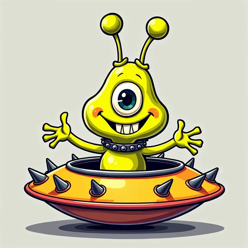 Cheerful Yellow Alien in Spiky Spaceship - Detailed line art illustration A cartoonish, fluorescent yellow alien creature, positioned centrally in the image. The creature has a bulbous, teardrop shape body, and one large, expressive eye in the middle of its forehead Three oddly shaped fleshy appendages stick straight out from the top of its headi. It is wearing a gothic collar with enormous metal spikes sticking out of it. The creature has a cheerful, grinning expression, with visible, cartoonish teeth. Its arms, also brightly coloured, are outstretched in a welcoming gesture. The creature is sitting in a brightly coloured spaceship with metal spikes sticking out from the sides. The background is a plain, light gray. The style is vibrant, playful, and exaggerated, with bold outlines and bright colors. The lighting is even, casting no significant shadows. The creature's pose is friendly and inviting. The overall impression is of a friendly, cartoon alien character. - AI image generated with Photorealistic 2