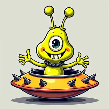 Cheerful Yellow Alien in Spiky Spaceship