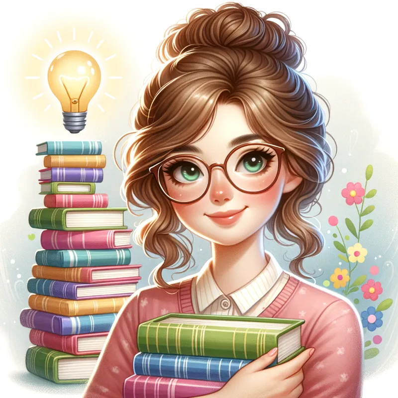 Cheerful teacher in children’s book illu - Cheerful teacher in children’s book illustration style, wavy brown hair in a bun, wearing glasses, fair skin, holding colorful stacked books. A glowing light bulb in the top corner symbolizes knowledge. Soft digital watercolor look, gentle expression, pastel palette, white cozy background, harmonious composition, educational charm, 8K detail. - AI image generated with Art