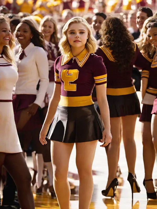 Cheerleader Megaphone Action - A full body, high-definition 9:16 image of Chloe Moretz dressed in a vintage Central Michigan University cheerleader minidress uniform. She has sheer, super shiny shimmering deep tan pantyhose by L'eggs visible on her legs, and stylish 3 inch black high heeled stilettos by Jimmy Choo on her feet. Chloe is energetically cheering with a megaphone in Kelly Shorts Stadium. She wears red lipstick, long dangling earrings, and her hair is frizzy styled in a hairband. - AI image generated with Fictional