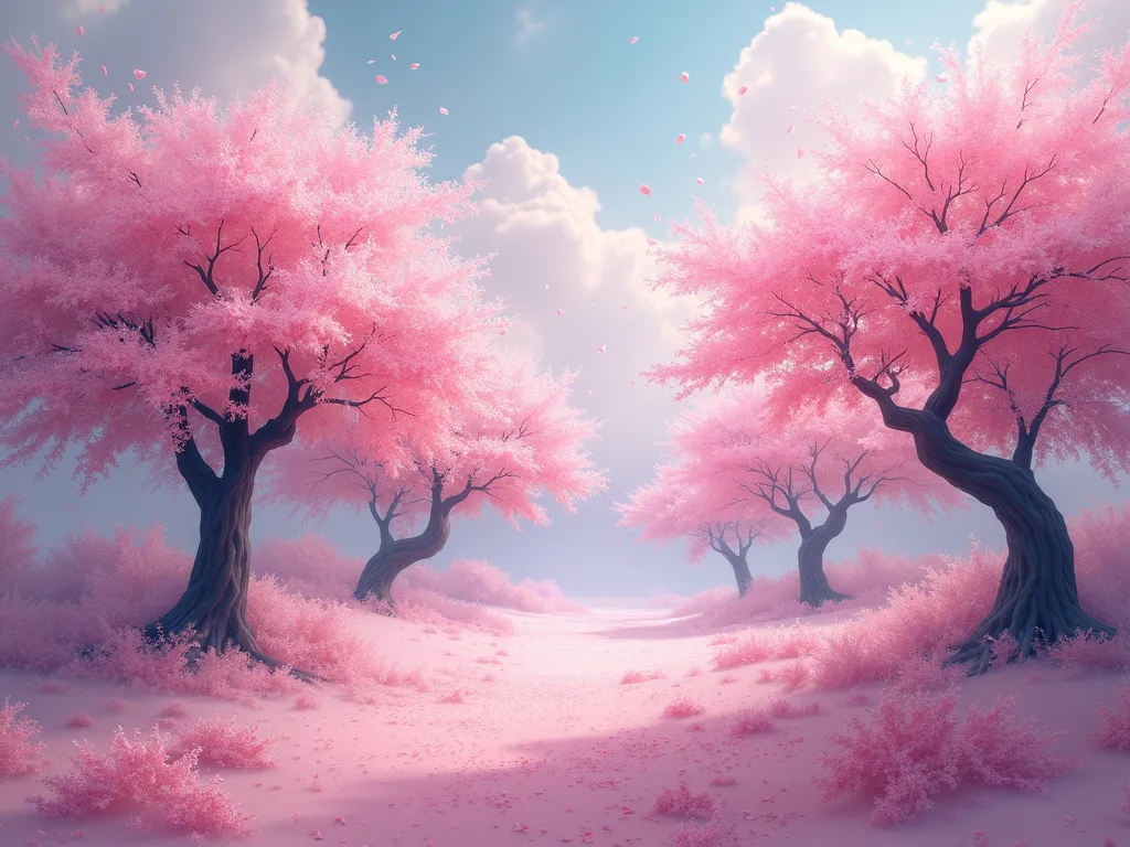 Cherry Blossom Dreamscape - A beautiful painting featuring a dreamy landscape of cherry blossom trees in full bloom, with delicate pink petals creating a surreal and tranquil scene. - AI image generated with Photorealistic 2