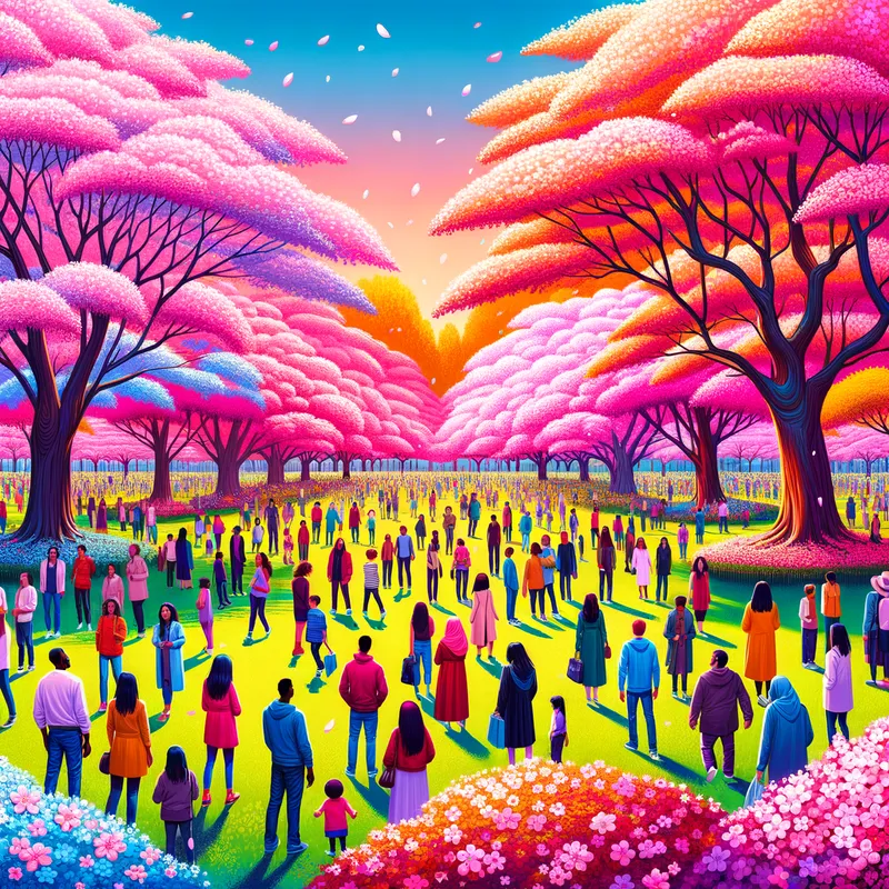 Cherry Blossom Festival - A vibrant scene of a park filled with cherry blossom trees in peak bloom, their pink petals falling gently to the ground while people enjoy the beauty. - AI image generated with Art - vivid colors