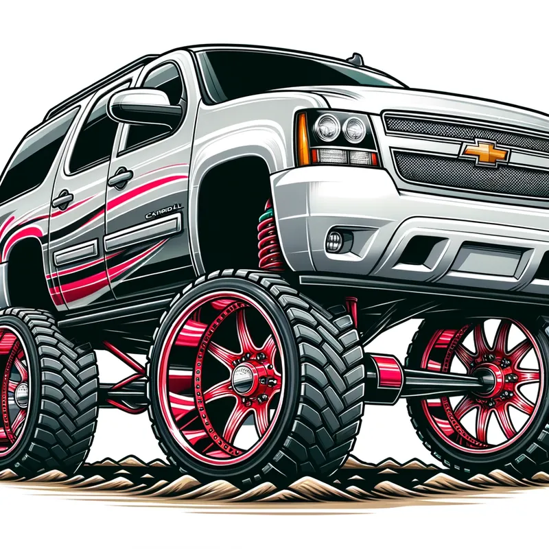 Chevy Suburban Cartoon Cruiser - A playful and vibrant cartoon depiction of a lifted 2007 white Chevrolet Suburban. The vehicle has 22 inch candy red wheels and 35 inch tires, and is wrapped in an eye-catching vinyl graphic in shades of gray, red, and black. - AI image generated with Art