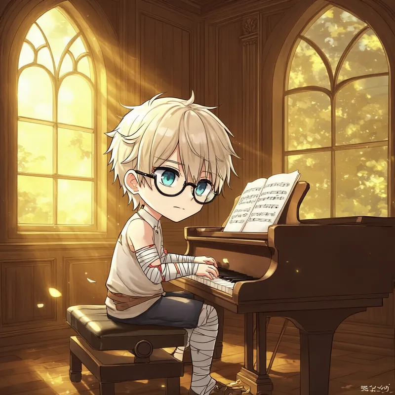 Chibi Pianist in Warm Glow - An anime chibi, pale-haired young man with spectacles and various bandages sits at a grand piano, focusing on the sheet music. Ambient golden sunlight streams through a high arched window, illuminating floating dust and enveloping the wood-paneled room and the pianist in a soft, peaceful radiance. - AI image generated with HiDream Full