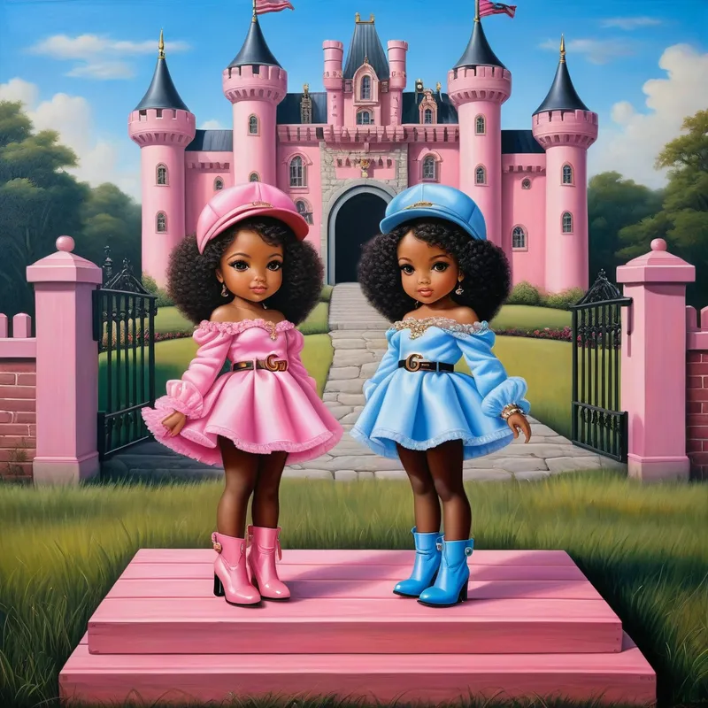 Chibi Queens in Pink - An oil painting with photorealistic, airbrush details, portraying three African-American chibi women on a wooden platform before a castle. The central woman with long dark hair wears a pink hard hat, a pink puff sleeve off the shoulder top, light blue cuffed jeans, a black Gucci belt, black high heel ankle boots, and holds a pink purse. To her left, a woman in a pink hard hat is dressed in a pink strapless one-piece swimsuit, a black Gucci belt, a beige puff sleeve blazer, and pink high heel ankle boots. The right woman wears a pink hard hat, a dark yellow long top and shorts, a black Gucci belt, and dark yellow high heel ankle boots. Smiling broadly, they face the camera. The scene incorporates a castle with a rainbow, a blue sky, and a lively construction site with workers. - AI image generated with Photorealistic