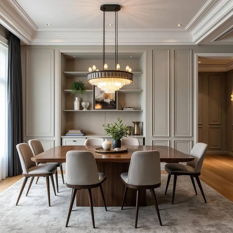 Chic Dining Area - A fashionable dining room with a statement chandelier, a large wooden table, and designer chairs, displaying an elegant interior design. - AI image generated with Photorealistic 2
