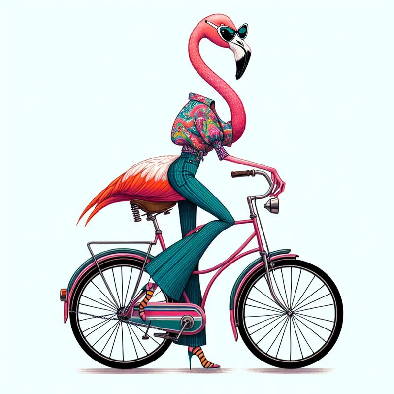 Chic Flamingo Cyclist - An image of a flamingo cyclist dressed in retro clothing and cateye sunglasses, riding a bicycle without any background. - AI image generated with DALL-E 3