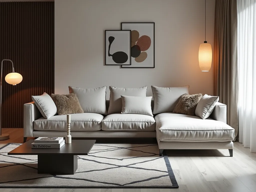 Chic Modern Sofa - A stylish modern sofa set in a contemporary living room. The sofa is upholstered in a sleek, neutral fabric with clean lines and plush cushions. The setting includes fashionable accents like a geometric rug, minimalist coffee table, and elegant lighting. The room radiates comfort, class, and sophistication. - AI image generated with Photorealistic 2