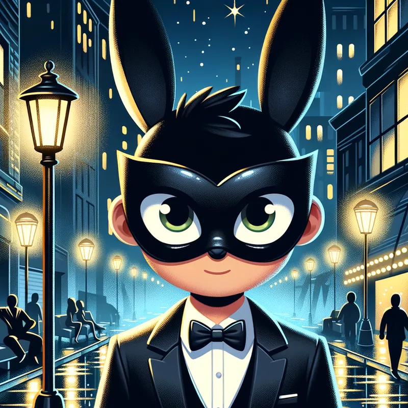 Chic Noir - A dramatic animated portrait of a man in an elegant tuxedo with a black bunny mask, set against a noir-inspired backdrop filled with shadowy figures and rain-soaked streets. - AI image generated with Art - cartoony, colorful, lens flare