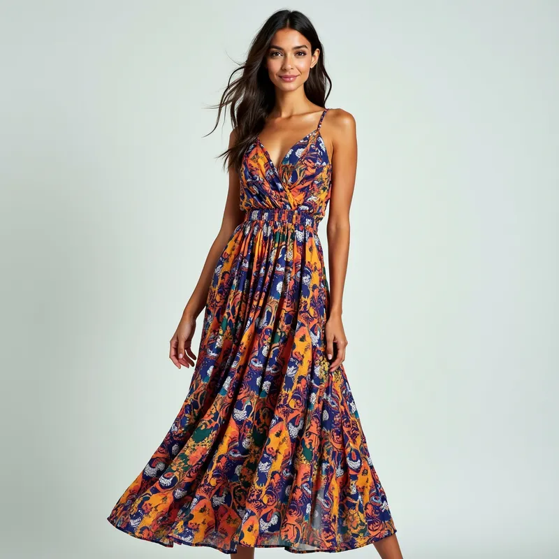 Chic in Multicolors - A fashionable woman dressed in a striking multicolor dress, standing with poise. The dress's vibrant colors and intricate patterns bring out her style and add a lively touch to the image. - AI image generated with Photorealistic 2