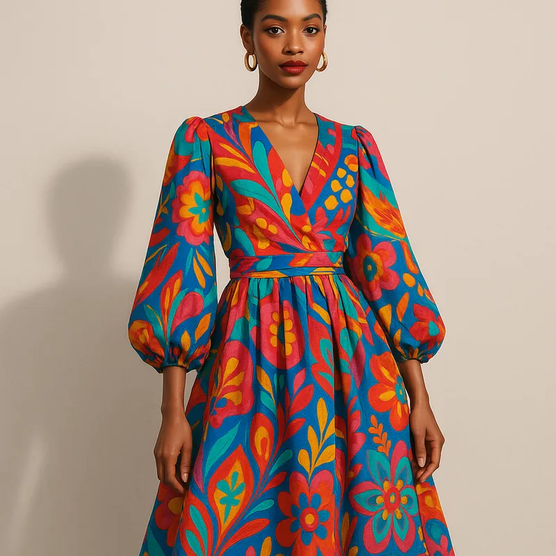 Chic in Multicolors - A fashionable woman dressed in a striking multicolor dress, standing with poise. The dress's vibrant colors and intricate patterns bring out her style and add a lively touch to the image. - AI image generated with GPT Image