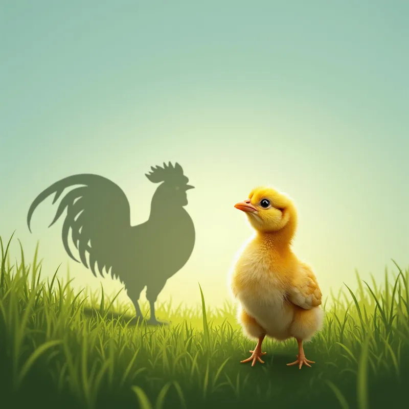 Chick's Aspirations - In a green meadow, a cute baby chick looks up towards the sky. The ground reflects a bold, towering shadow of a rooster, indicating the chick’s dreams and aspirations of becoming strong and significant. - AI image generated with Photorealistic 2