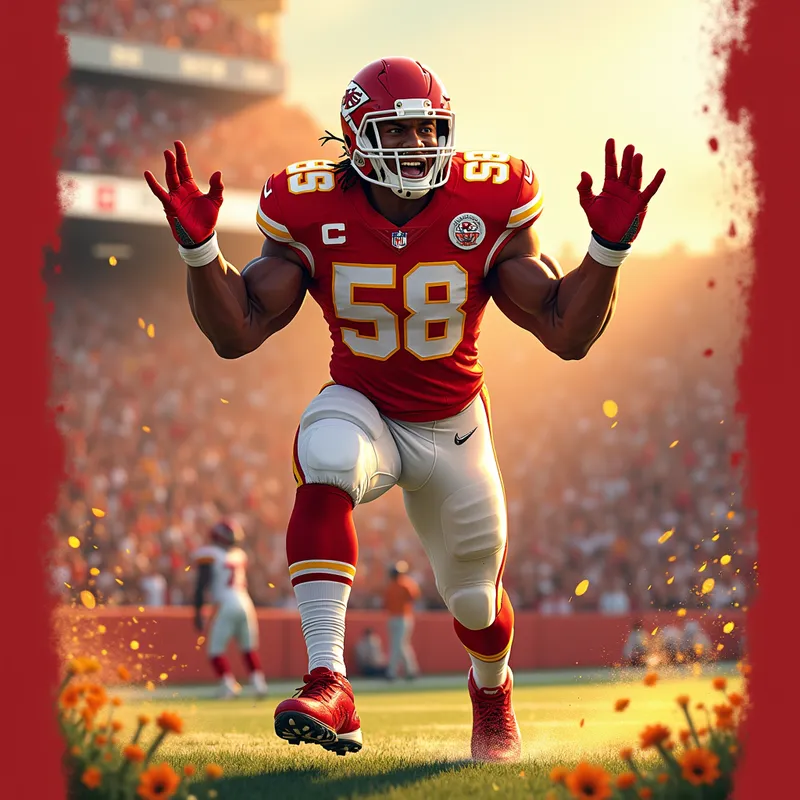 Chiefs Legend Sack Celebration - Animated 2.5 x 3.5 inch rectangular scene of Derrick Thomas #58 celebrating after a sack, wearing a Kansas City Chiefs uniform, with special detail on his facial features including determined eyes, authentic smile, and realistic face structure. Stadium crowd in the background, bold red and yellow energy effects, vivid motion, collectible card-inspired composition. - AI image generated with Text