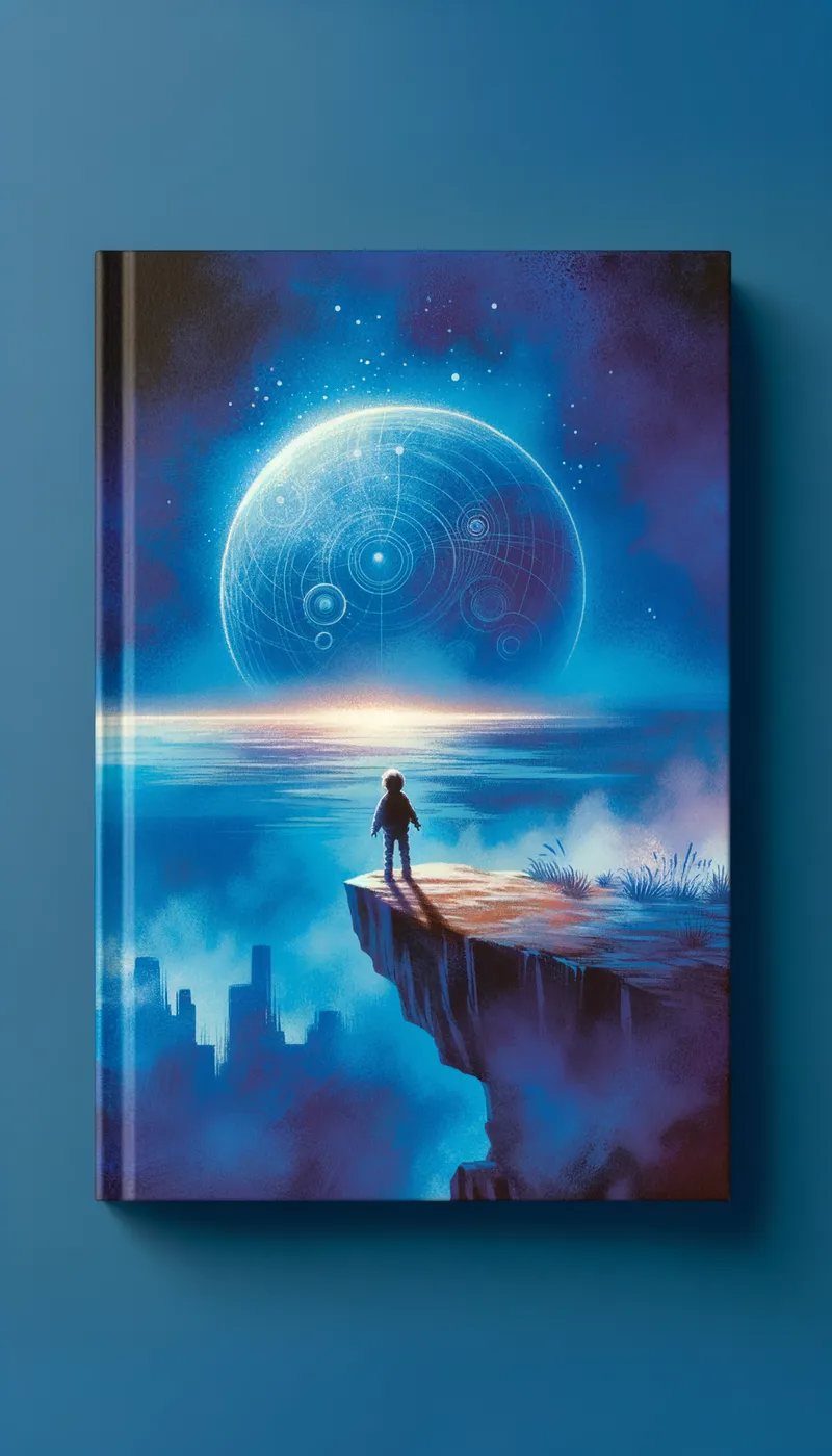 Child on the Edge - A cover page featuring a child standing on the edge of a cliff, looking out into a deep, rich blue expanse. The child symbolizes resilience and exploration. The background showcases a subtle gradient effect with blues and purples to create depth, implying a new world. Faint, wispy outlines of ancient structures can be seen in the distance. - AI image generated with Art
