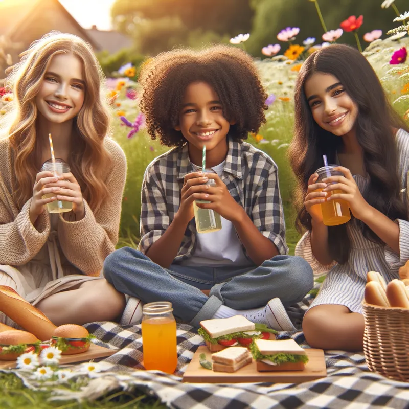 Children’s Picnic Adventure - A serene picnic scene with two girls and one boy enjoying sandwiches and drinks on a checkered blanket. They are surrounded by colorful flowers and a gentle breeze. - AI image generated with Art