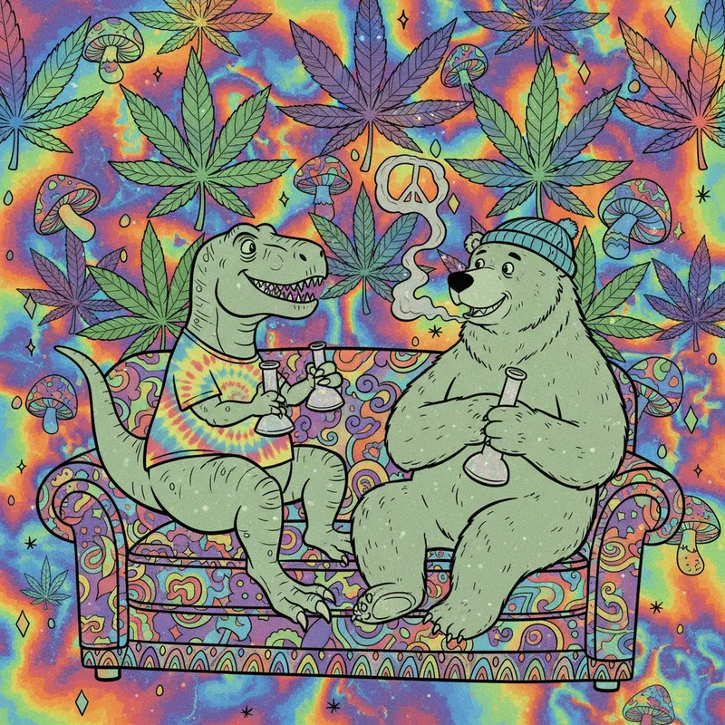 Chill Creatures - A cartoonish scene of a T-Rex and a grizzly bear lounging on a couch, passing bongs to each other, with cannabis leaves in the background, psychedelic colors and lighthearted mood. - AI image generated with Nano Banana - contour drawings
