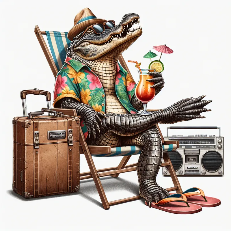 Chillin' Gator - An alligator on a relaxed vacation, depicted without a background. The gator is in a beach chair, sporting a Hawaiian shirt, flip flops, and oversized glasses, and holding a retro cocktail glass with a paper umbrella. Nearby items include vintage luggage and a boombox. - AI image generated with DALL-E 3