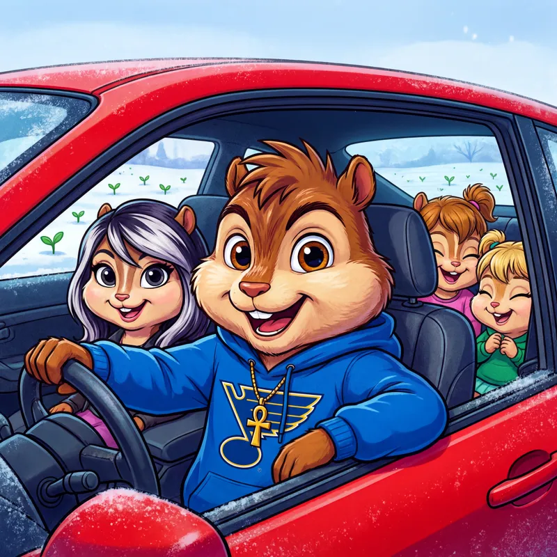 Chilly Road Trip Cheer - Inside a sporty red car, a big-eyed, bubbly male chipmunk wearing a St Louis Blues hoodie and an ankh necklace relaxes behind the wheel. His hair is spiky and brown. His wife, also bubbly and big-eyed, sits beside him with long dark hair streaked with platinum blonde, beaming with happiness. In the back, their three chipmunk daughters (11, 13, and 16) giggle and laugh together. Through the windows, a frosty, wintry landscape with fresh green sprouts can be seen, capturing a cozy family road trip moment. - AI image generated with 4K Pro - vivid colors, highlights: Nikon D700, Nikkor 50mm 1.8, cartoony