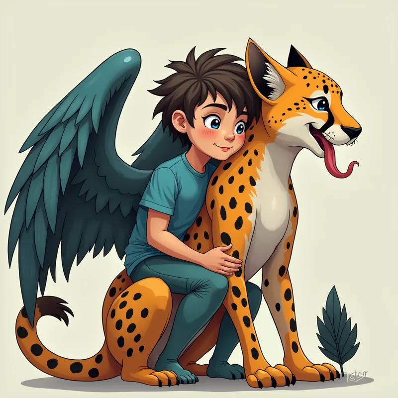 Chimera Bond - Showcase a unique bond where a teenage boy with bird wings, feather hair, and merged legs sits in a cheetah with human facial features, gills, chameleon tongues, and blue skin patches. This image should represent the seamless fusion and fantastical nature of their connection. - AI image generated with Photorealistic 2