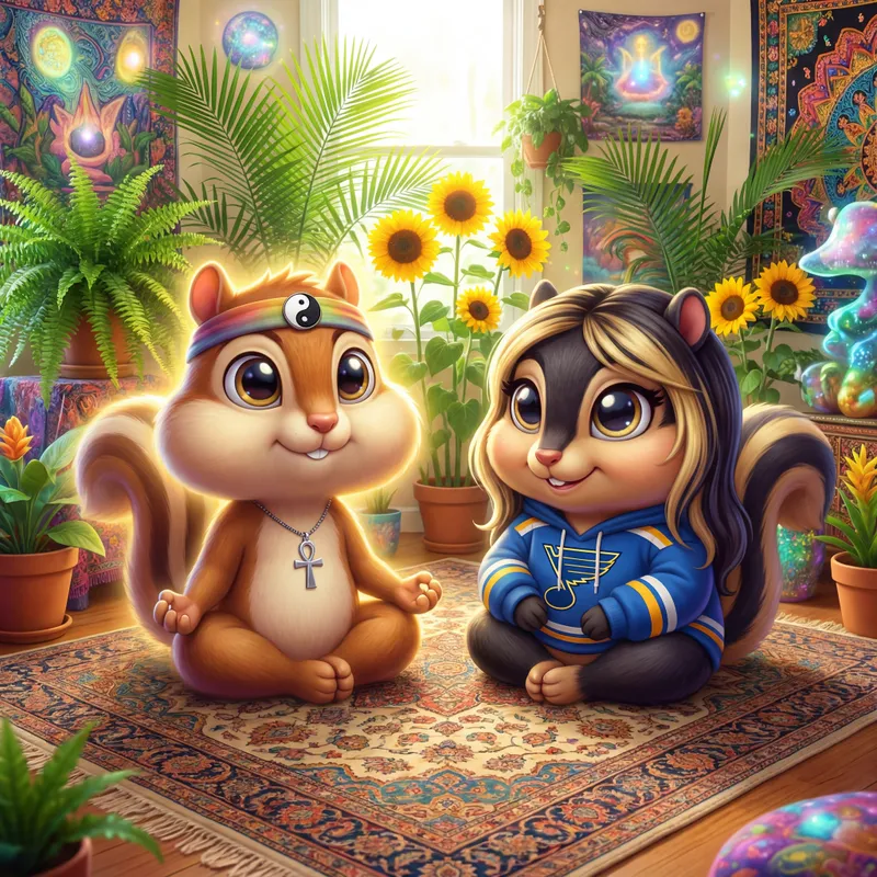 Chipmunk Aura Meditation Lounge - Two very big-eyed, bubbly chipmunks find zen on an elegant Indian rug within a lively room full of green tropical plants and brilliant sunflowers. The male chipmunk, glowing gently, wears a yin-yang badge on a headband and an ankh necklace. His wife, with dark hair highlighted blonde, relaxes beside him, wrapped in a fashionable St. Louis Blues hoodie. - AI image generated with 4K Pro - vivid colors, highlights: Nikon D700, Nikkor 50mm 1.8, cartoony