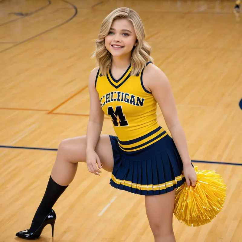 Chloe Grace Moretz Cheerleading Elegance - A side view image of Chloe Grace Moretz showcasing her cheerleading elegance while wearing a University of Michigan cheerleader uniform. The image features a sleeveless top with the university logo, a pleated miniskirt, and sheer shimmering pantyhose. She is wearing 5-inch black Louboutin high heels and holding pompoms, standing on a polished indoor wooden basketball court. Her hair is in a ponytail, and she is wearing red lipstick and long dangling earrings. - AI image generated with Photorealistic - high angle