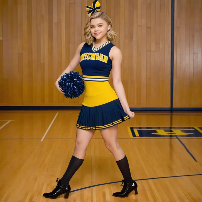 Chloe Grace Moretz Cheerleading Pose - A side view image of Chloe Grace Moretz striking a cheerleading pose while wearing a University of Michigan cheerleader uniform. The image features a sleeveless top with the university logo, a pleated miniskirt, and sheer shimmering pantyhose. She is wearing 5-inch black Louboutin high heels and holding pompoms, standing on a polished indoor wooden basketball court. Her hair is in a ponytail, and she is wearing red lipstick and long dangling earrings. - AI image generated with Photorealistic - high angle