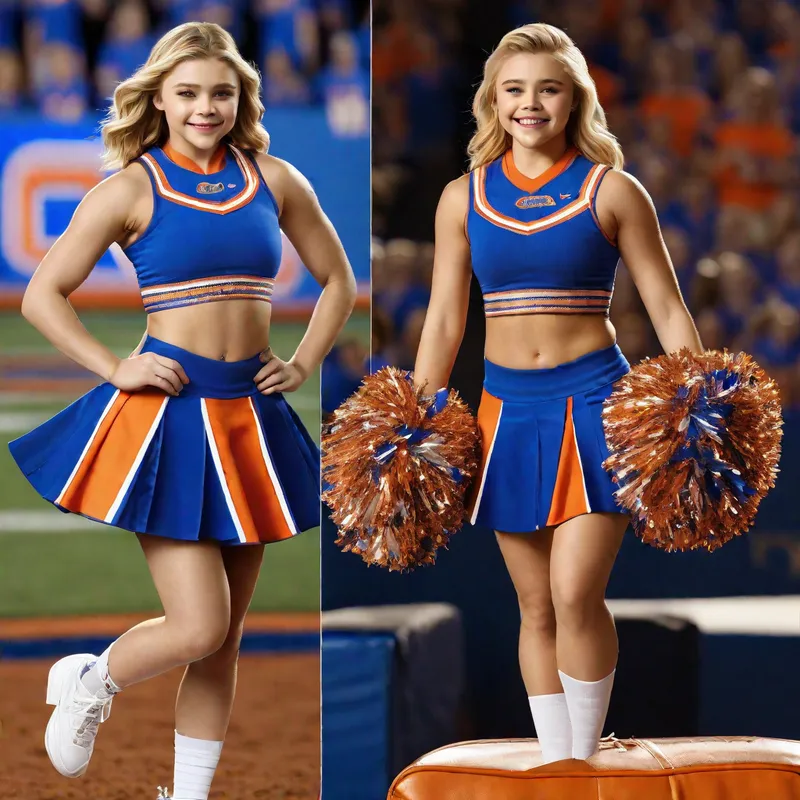 Chloe's Victory Stance - Capture the essence of game day with Chloe Moretz embodying the enthusiasm of a University of Florida cheerleader. She is attired in a custom sleeveless top and coordinating pleated miniskirt by Under Armor, boasting the school's cheerleader uniform logo. Elevating the ensemble, she is adorned with silky suntan pantyhose by L'eggs and a pair of statement-making ebony black Louis Vuitton stilettos with a heel height of 5.5 inches. - AI image generated with Fictional