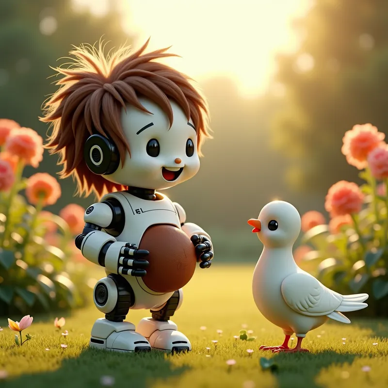 Chocolate-Eating Robot with Dove - A garden basked in sunlight sets the stage where a robot, designed with a human-like face and large hair, is happily chewing chocolate. Its stomach starts to swell. Beside the robot, a white dove stands with a smile. Realistic colors and textures fill the scene, framed in a 9:16 aspect ratio. - AI image generated with Photorealistic 2