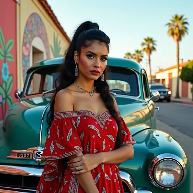 Chola with Classic Car - A Latina chola leaning against a classic lowrider car. She is dressed in traditional chola attire with meticulously styled hair. The scene is set in a vibrant neighborhood with colorful murals and palm trees. - AI image generated with Photorealistic 2