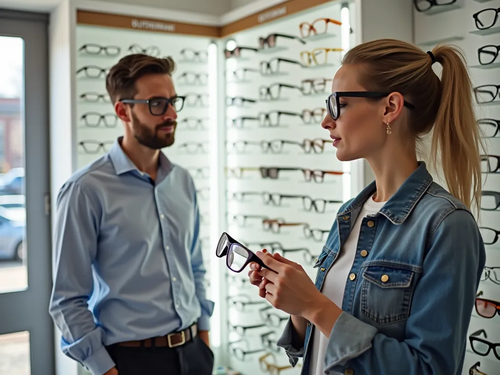 Choosing Glasses with Optician - A woman standing in front of a display filled with a variety of eyeglasses in an optician's store. She is holding a pair of glasses in her hand, contemplating her choice. An optician, dressed professionally, stands nearby offering advice and assistance. The atmosphere is bright and welcoming, with a clean and organized display of eyewear. - AI image generated with Photorealistic 2