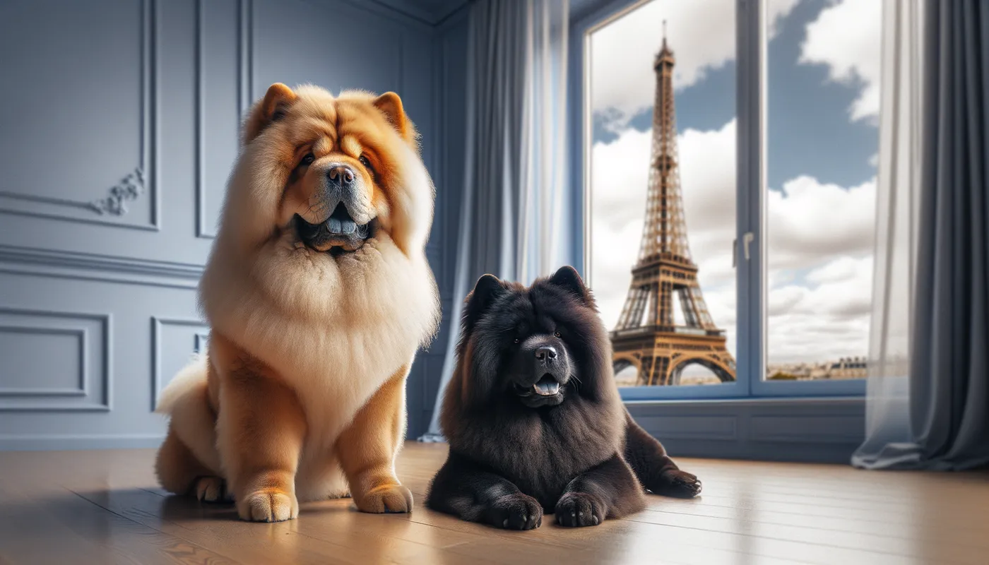 Chow Reflections by Eiffel - a honey-colored chow dog and a black one in a blue room with the Eiffel Tower in the window background, the dogs should be reflected on the floor but appear large and well-defined - AI image generated with Art