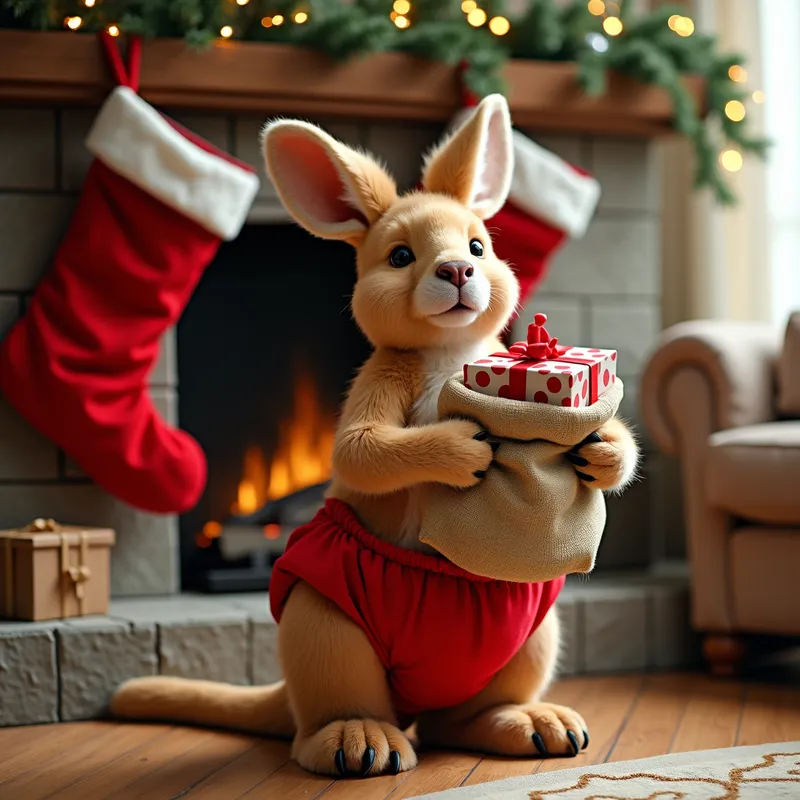 Christmas Boxing Roo - A buff kangaroo in a red diaper, holding a sack full of presents, standing next to a fireplace decorated with Christmas stockings. - AI image generated with Photorealistic 2