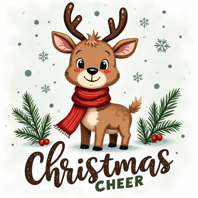 Christmas Reindeer Vintage Vector - A charming, hand-drawn vector illustration for a t-shirt, featuring a cute reindeer wearing a red scarf surrounded by falling snow, pine branches, and retro font reading 'Christmas Cheer.' - AI image generated with Photorealistic 2