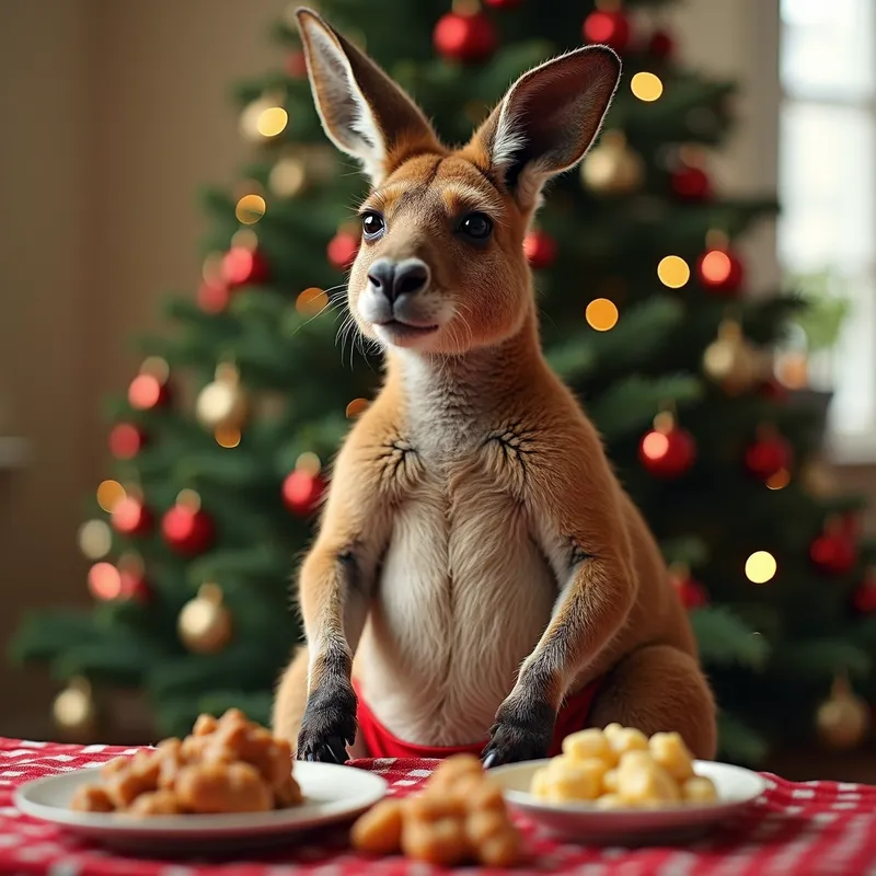 Christmas Roo Feast - A strong kangaroo in a festive diaper, sitting at a table full of Christmas treats, with a large decorated Christmas tree in the corner. - AI image generated with Photorealistic 2