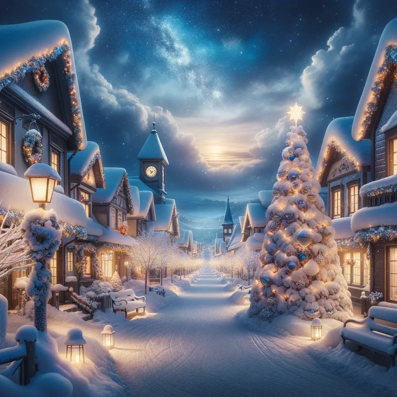 Christmas Tranquility - A picturesque village covered in snow on a winter night, adorned with beautiful lanterns and elegant Christmas decorations. The sky is amazing, filled with soft, soothing colors, contributing to the peaceful, tranquil scene. There are no people anywhere, just serene beauty. - AI image generated with Art - deserted street at night
