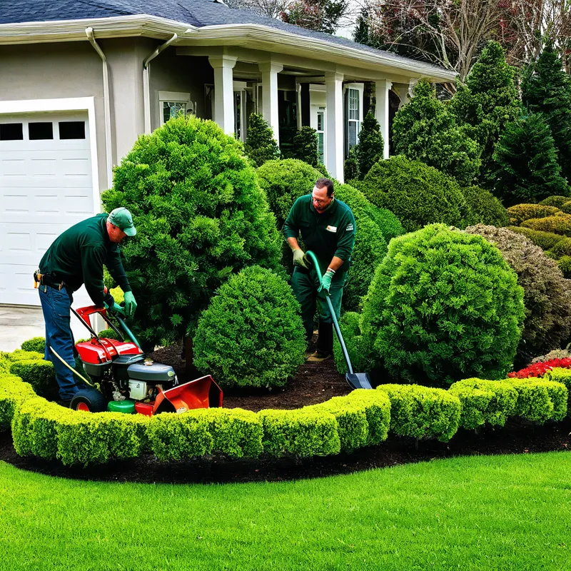 Christmas Yard Landscapers - a picture of 2 landscapers working in a yard during Christmas - AI image generated with Fictional