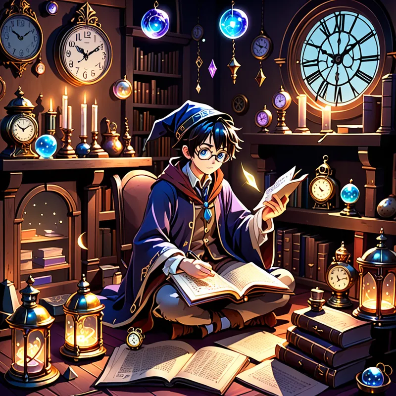 Chronomancer's Study - A young anime wizard in a cozy enchanted study, reading a glowing scroll while multiple antique clocks hover around them. Magical items like crystal orbs, potions, and enchanted keys float in the air, creating a whimsical fantasy atmosphere. - AI image generated with Fictional
