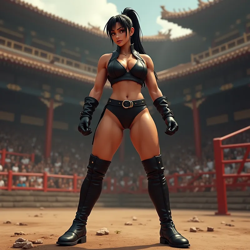 Chun-Li Combat Stance in Shiny Leather Riding Boots - Chun-Li from Street Fighter stands poised in a powerful combat stance, wearing striking, knee-high, stiff and shiny black leather riding boots. The scene highlights the boots' glossy finish amidst a martial arts arena backdrop, capturing Chun-Li's intense focus and readiness to fight. - AI image generated with Photorealistic 2