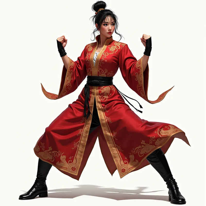 Chun-Li Unyielding: Silk Robe and Glossy Boots - A powerful depiction of Chun-Li in a richly embroidered Chinese robe, her stance enhanced by tall, shining black leather riding boots. She strikes a dominant martial arts pose, radiating both grace and strength. - AI image generated with Photorealistic 2