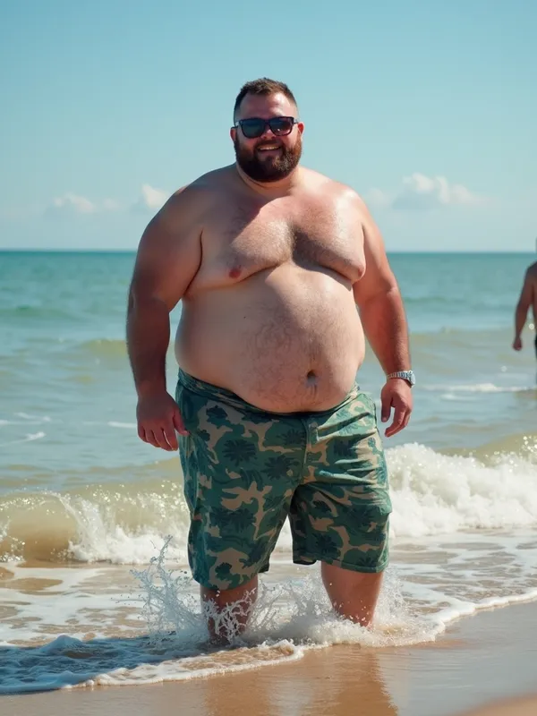 Chunky Beachgoer - A chunky man at the beach - AI image generated with Photorealistic 2