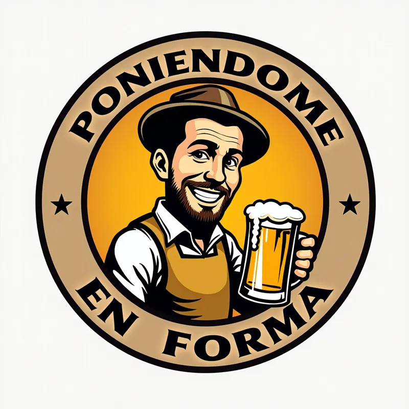Circular Beer Mug Logo - Design a circular logo with a caricature of a stout person holding a beer mug. Place 'PONIENDOME' at the top and 'EN FORMA' at the bottom. - AI image generated with Text